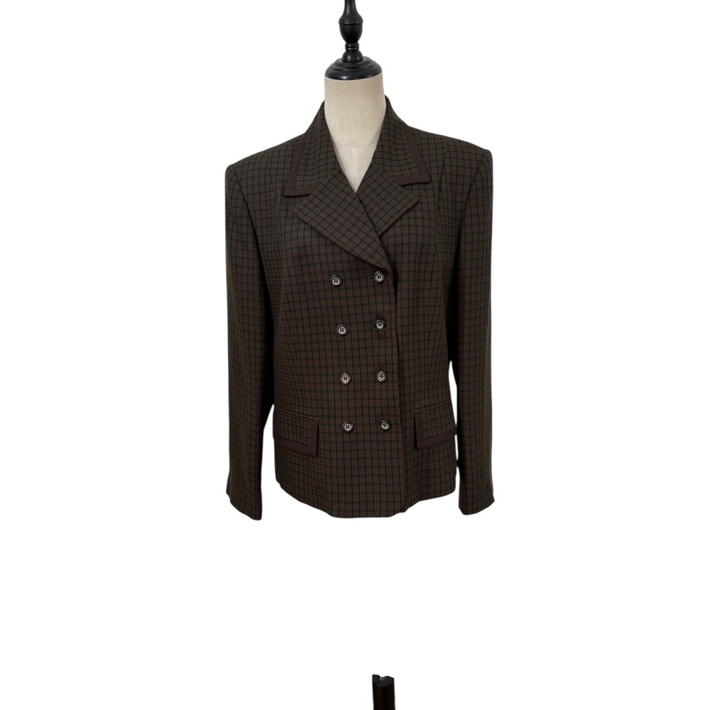 Vtg 80s Le Suit Plaid Blazer Womens 14 Brown Double Breasted‎ Academia Preppy